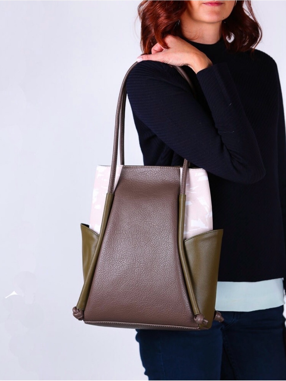 Olive & Taupe Two-Tone Vegan Leather Tote